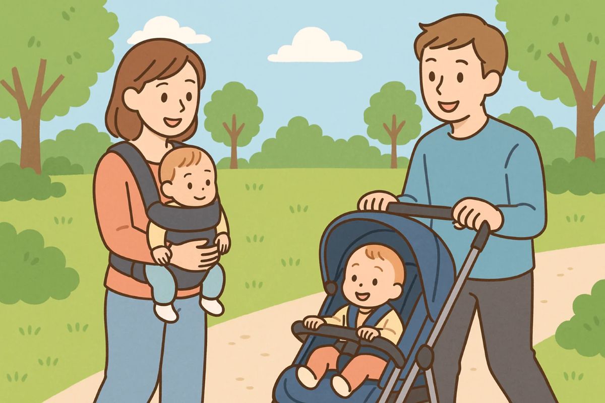 ベビーカーと抱っこ紐で散歩する親子のイラスト。