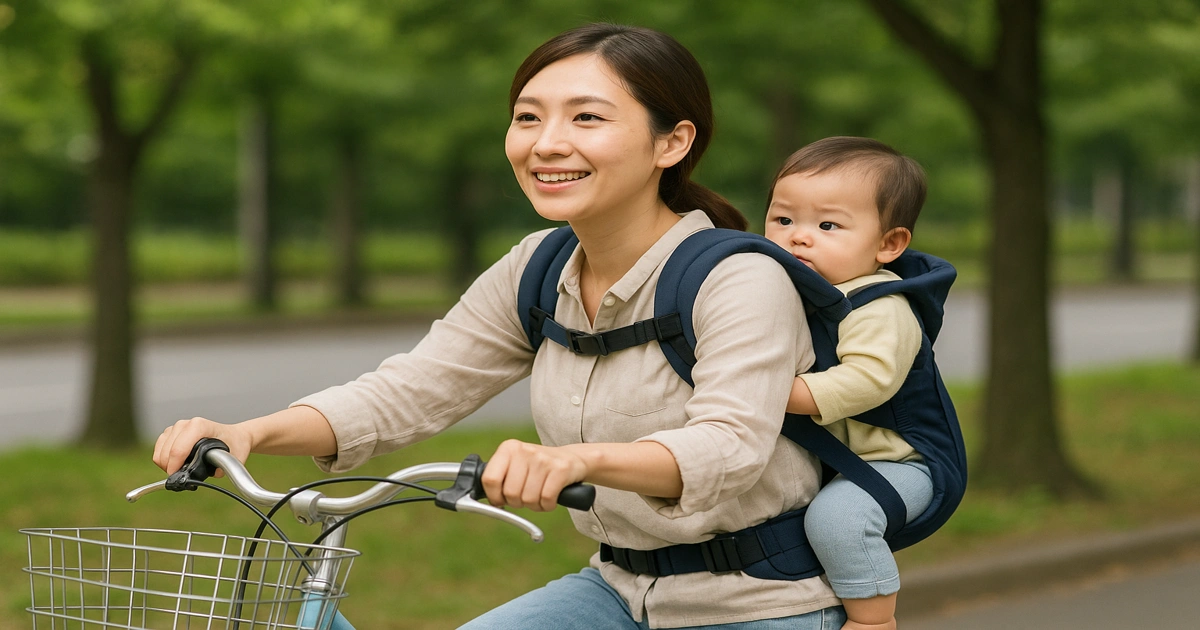 0歳の赤ちゃんをおんぶして安全に自転車を走行する母親のイメージ写真