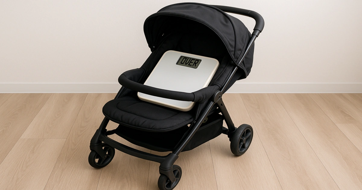 座席に体重計が置かれ「OVER」と表示されたベビーカー