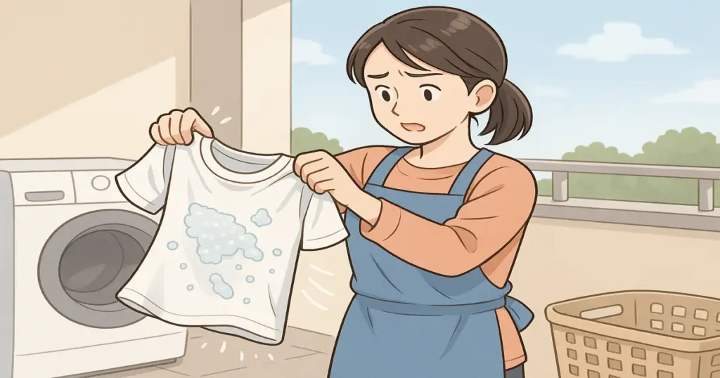 洗濯機から取り出した衣類にオムツの吸水ポリマーが付着しており、ベランダで女性がそれを手ではたいている様子のイラスト