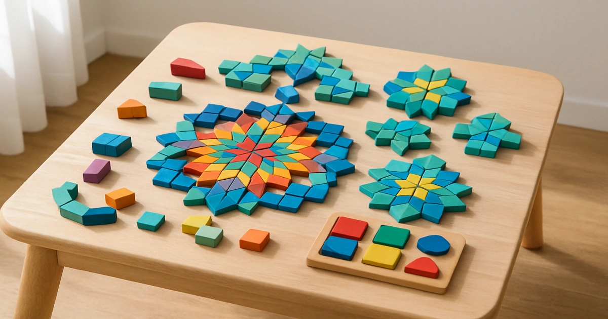 小さな机の上で積み木が複雑な模様に配置され思考の広がりを象徴する様子