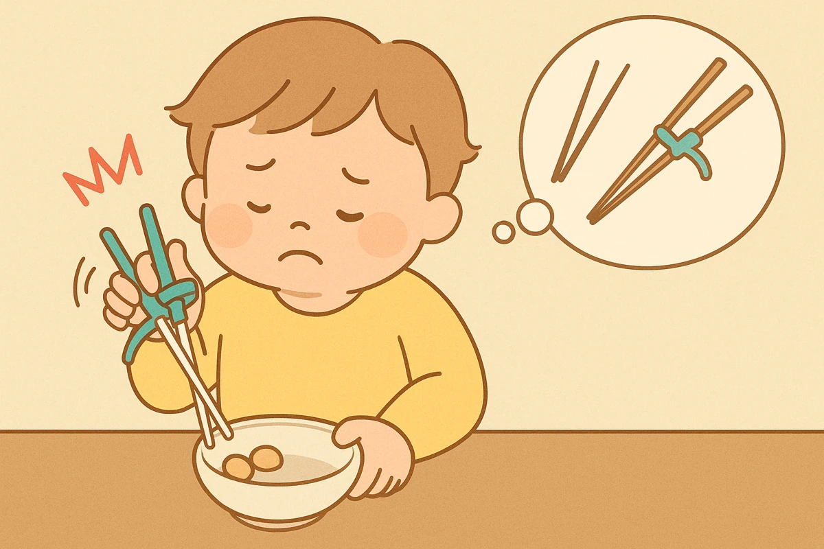 ののじ箸のデメリットをイメージした、子どもの箸トレーニングイラスト。