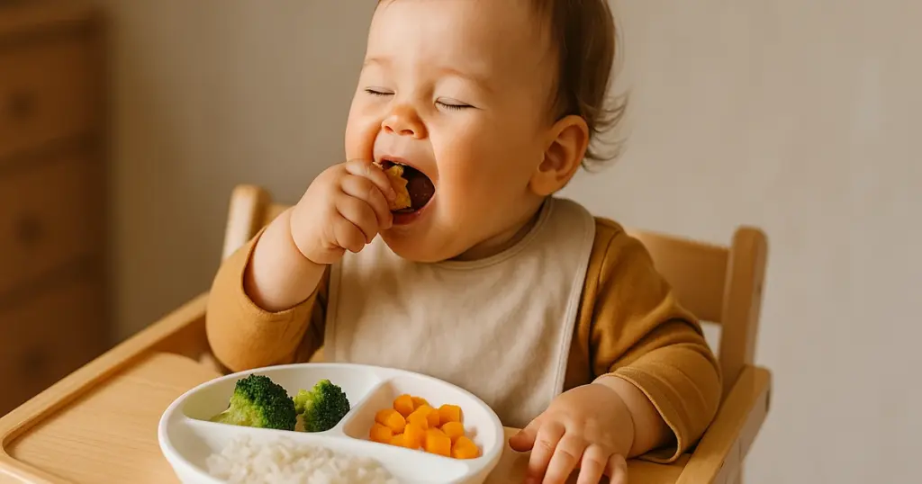 1歳の子どもが笑顔でごはんを食べる温かい食卓の様子
