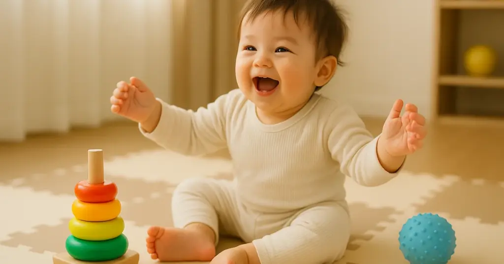 1歳の赤ちゃんが室内でおもちゃを使って遊び笑顔を見せている写真