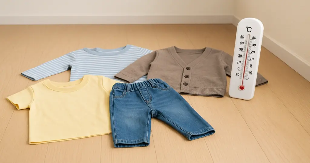 室内に並べられた1歳児向けの服装と気温を示す温度計