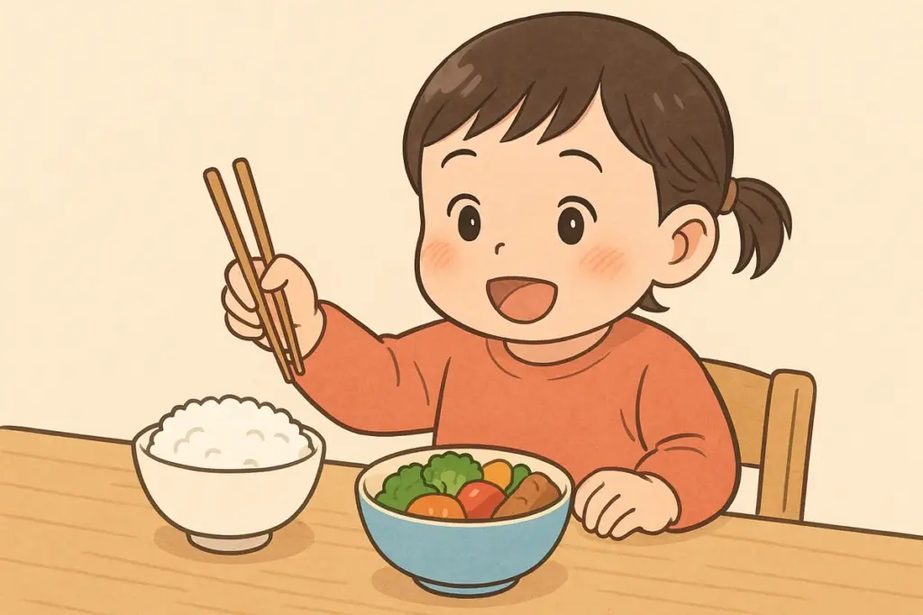 2歳の子どもがお箸を持ちたがる様子を描いたイラスト