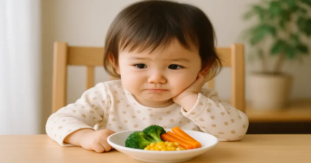 野菜を見て困り顔をする2歳の女の子が、食卓でブロッコリーやにんじんに向き合っている様子