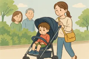 4歳の子どもがベビーカーに乗っている様子と親が見守るイラスト