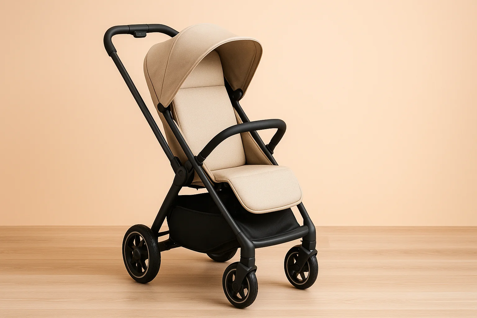 おしゃれで背もたれがしっかりしたベビーカーの全体画像。直角調整しやすい設計イメージ。