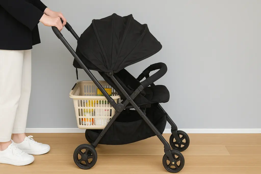 ベビーカーの座面にぴったりと収まった買い物かご。