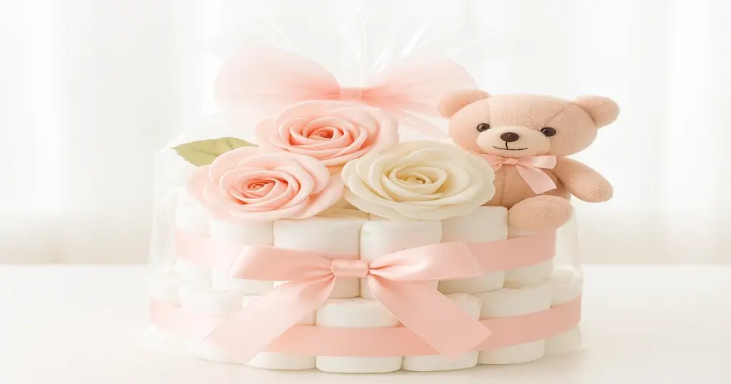 ラッピングされた可愛らしいおむつケーキ。出産祝いにぴったりのデザインで、淡いピンクのリボンと花、ぬいぐるみが飾られている。