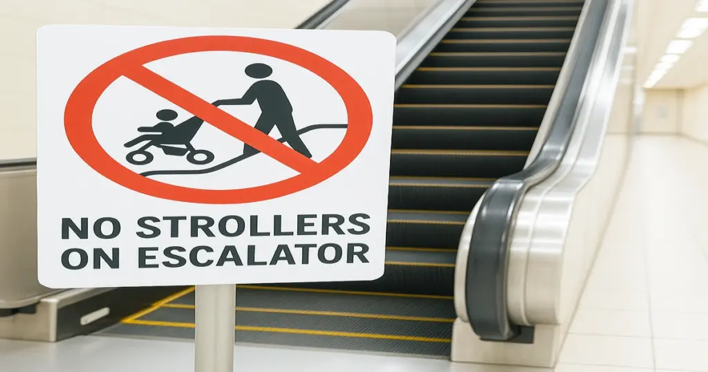 エスカレーターでのベビーカー使用禁止を示す警告標識の画像