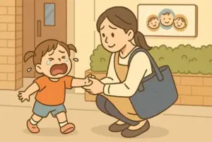 保育園に登園する朝に泣いてしまう2歳児と母親の様子