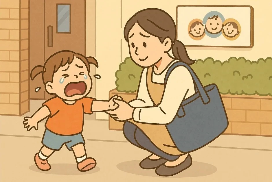 保育園に登園する朝に泣いてしまう2歳児と母親の様子