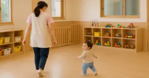 保育園の室内で保育士の後を追いかける子どもが歩いている様子