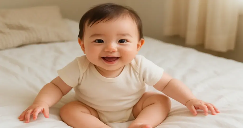 ロンパースを着た可愛い赤ちゃんが笑顔で座っている様子