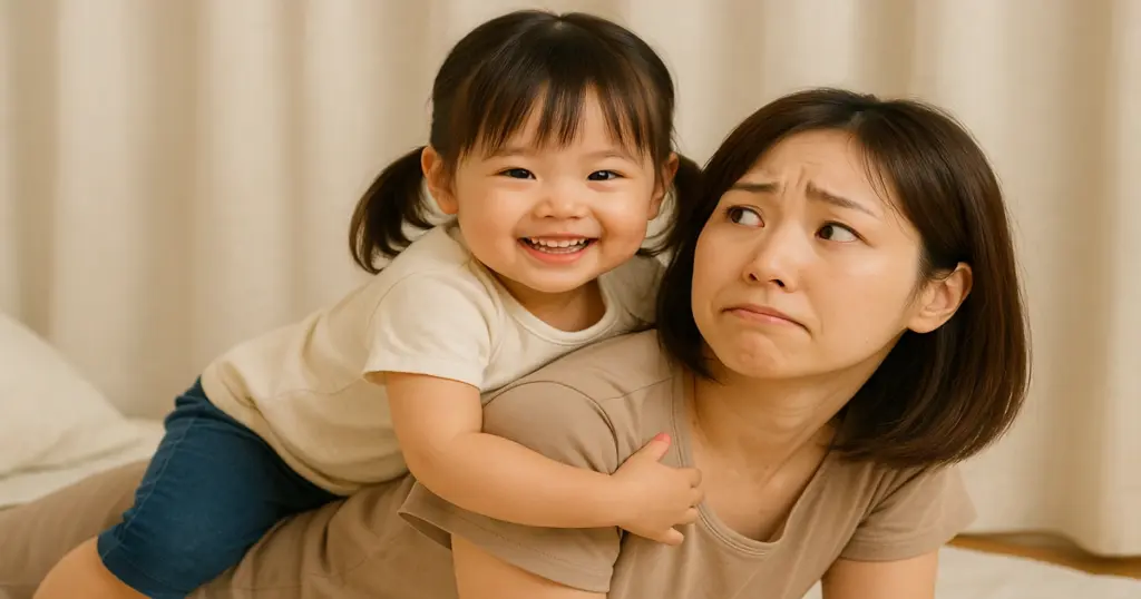 子供が寝る時に母親の上に乗って甘える姿を描いたシーン