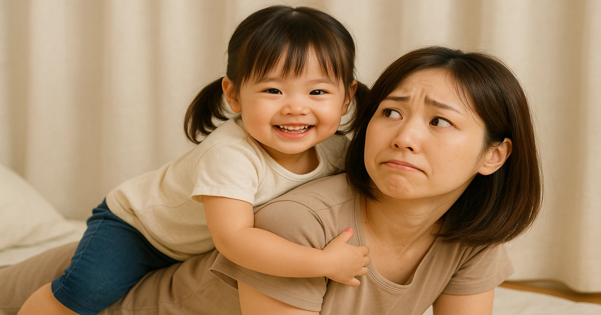 子供が寝る時に母親の上に乗って甘える姿を描いたシーン