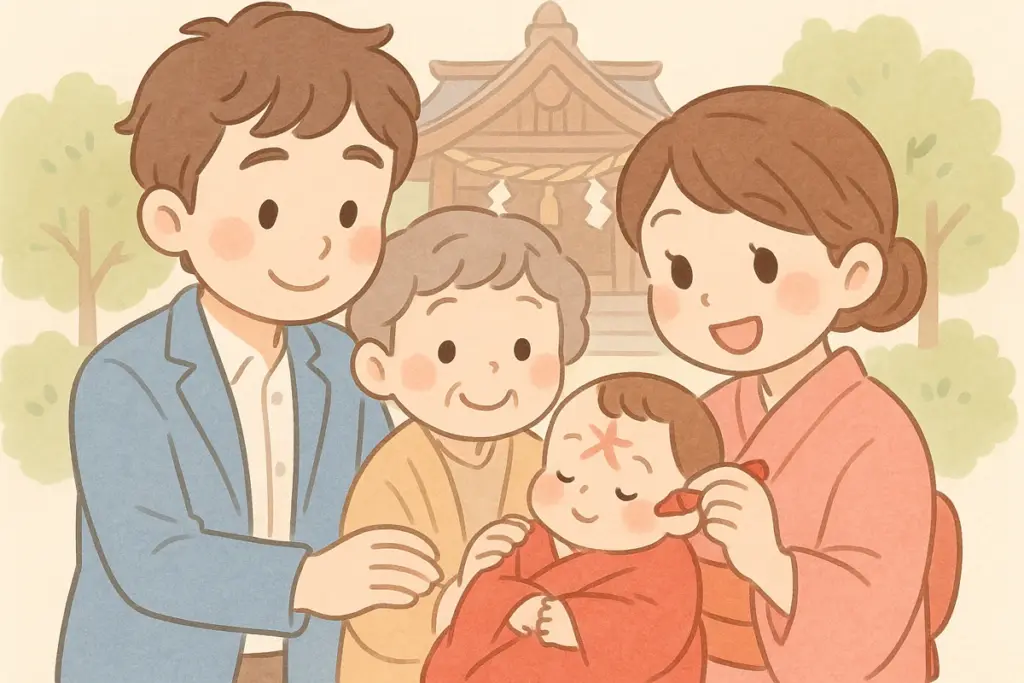 お宮参りで赤ちゃんのおでこに印をつける家族のかわいらしいイラスト