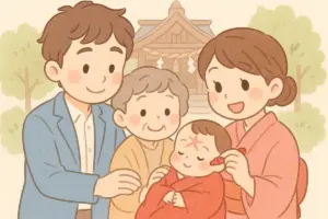 お宮参りで赤ちゃんのおでこに印をつける家族のかわいらしいイラスト