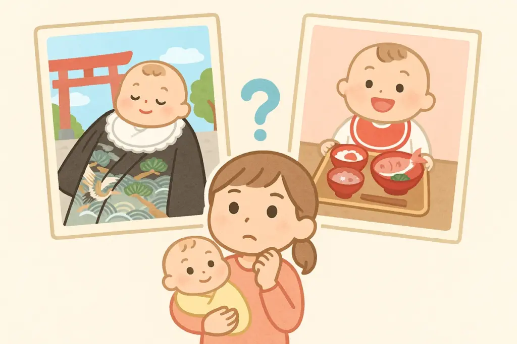 お宮参りと百日祝いの写真どちらを撮るか迷う家族のイラスト