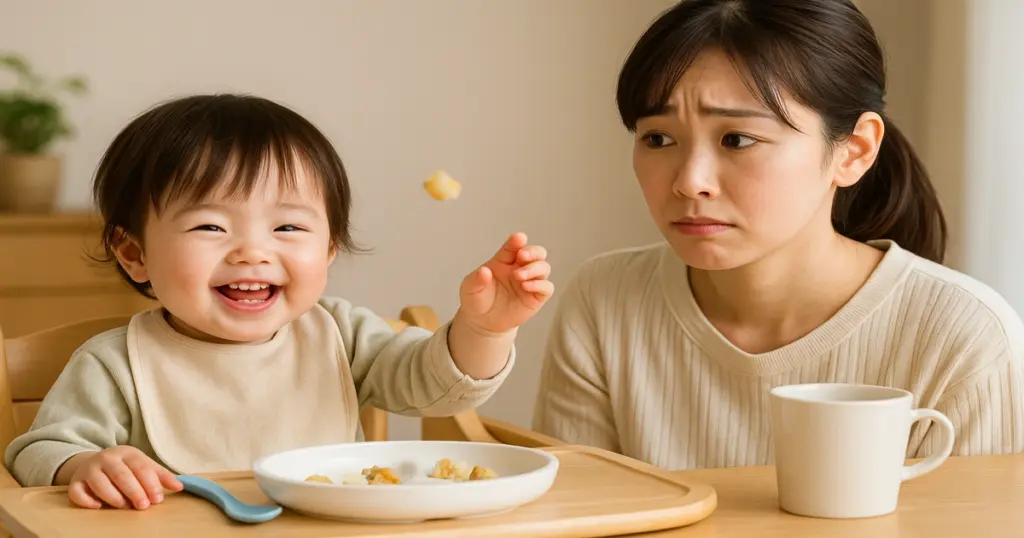 1歳の子どもが可愛い笑顔で右手を使って食べ物を投げ、母親が少し困った表情を見せる食卓シーン